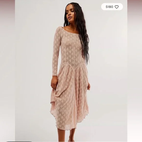 Free People Boho NWT Dial For Drama Dusty Rose Lace Midi Slip Dress | Size Med - Picture 4 of 12